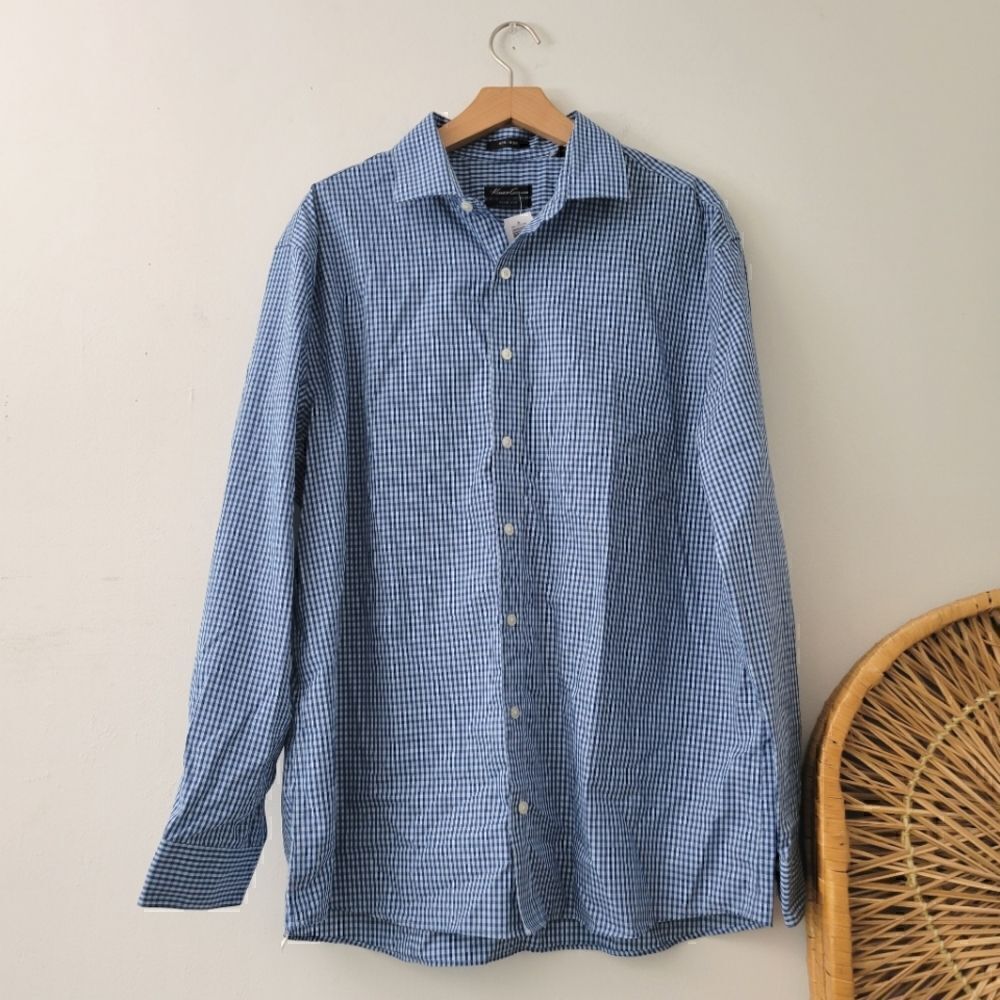 Kenneth Cole New York Blue Gingham Button Down Shirt Slim Fit Non Iron 17 1/2 34